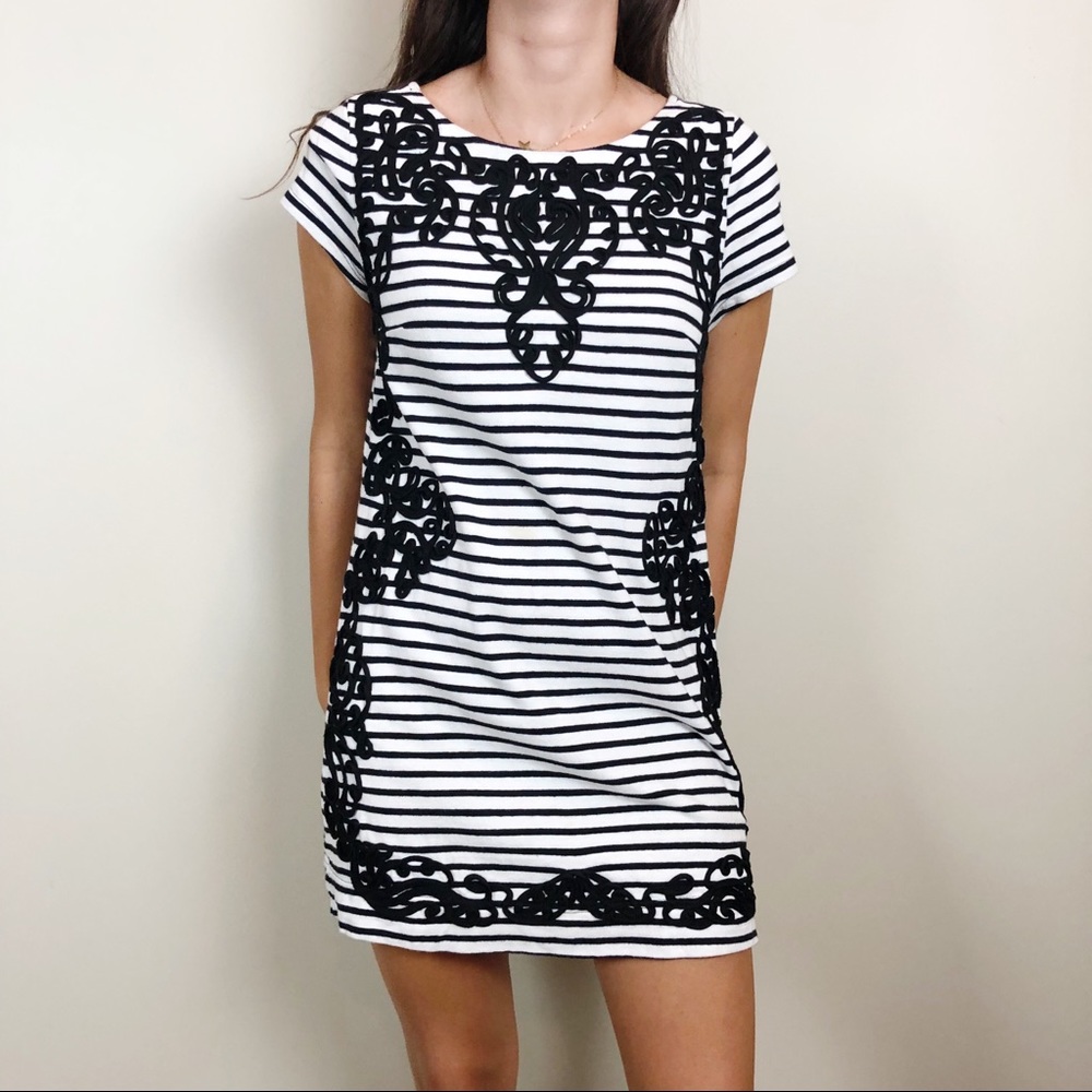 Anthro Postmark Stripe Trimmed Shift Dress